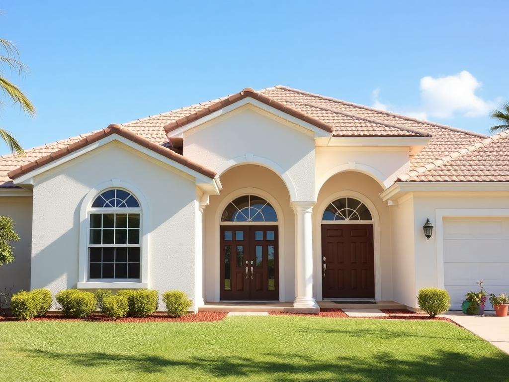 Repainted warm-white stucco Florida home exterior with clean white trim after completion