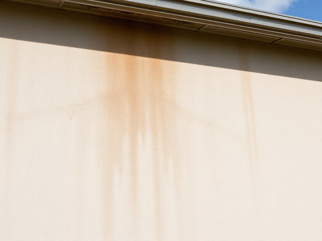 Faded stucco exterior wall with rust-colored runoff streaks and hairline cracks before painting