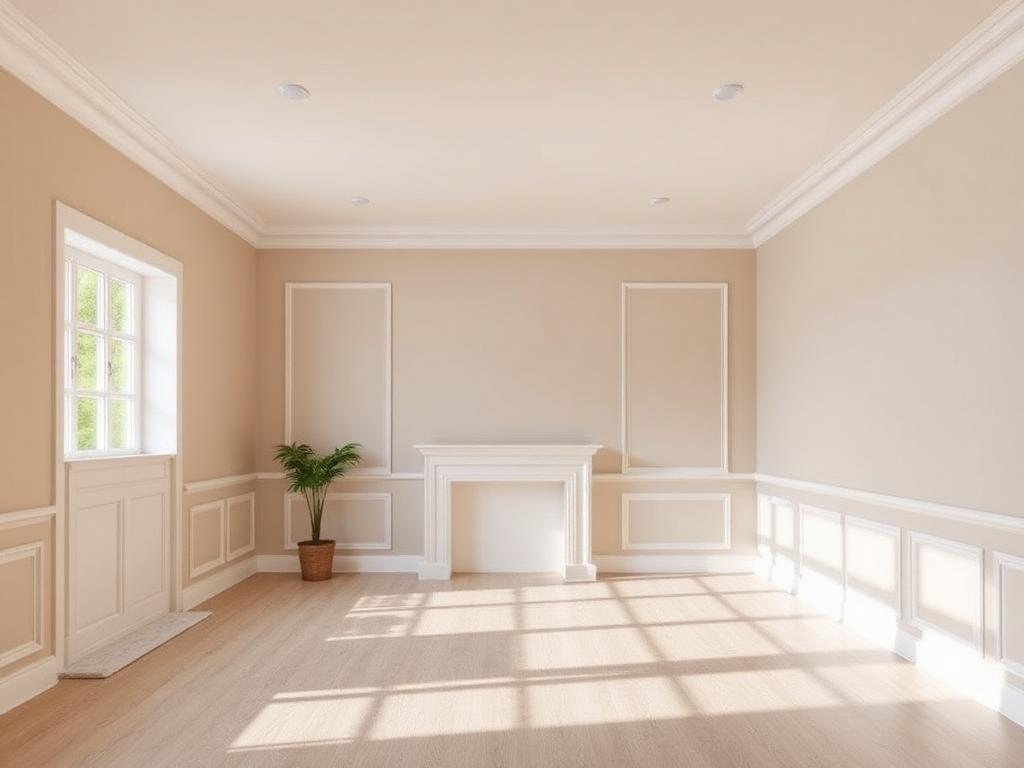 Same living room repainted in soft warm greige with crisp white trim and a smooth even finish