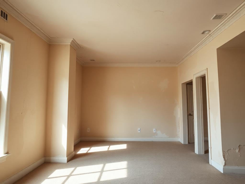 Empty living room with dated beige walls, scuffs and visible drywall patches before repainting
