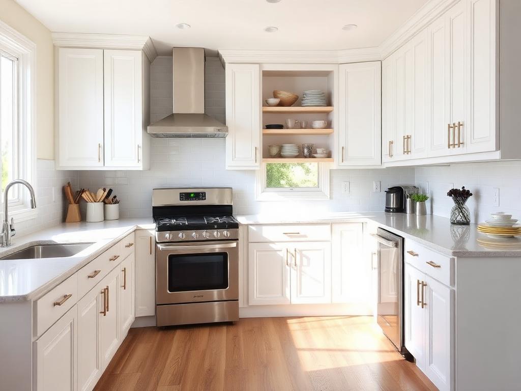 Kitchen cabinets refinished in smooth satin white with updated hardware