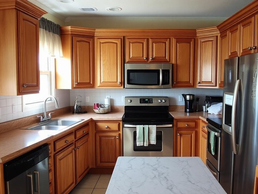 Dated orange-toned oak kitchen cabinets with worn finish before refinishing