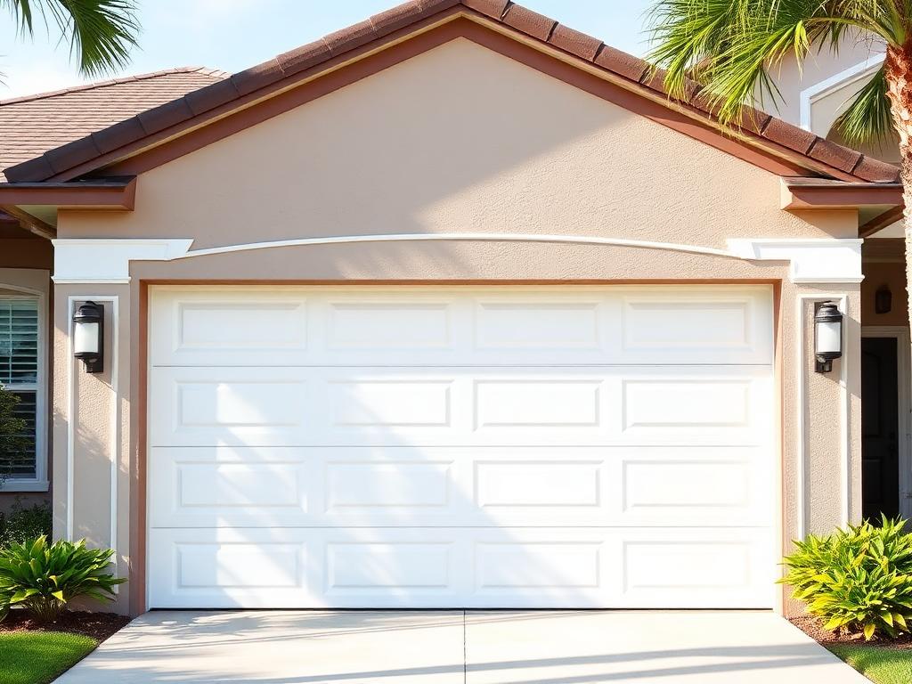 Freshly painted white garage door with clean repainted trim and surround