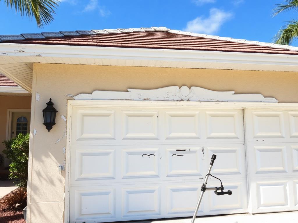 Garage door and trim with peeling, sun-damaged paint flaking off before repainting
