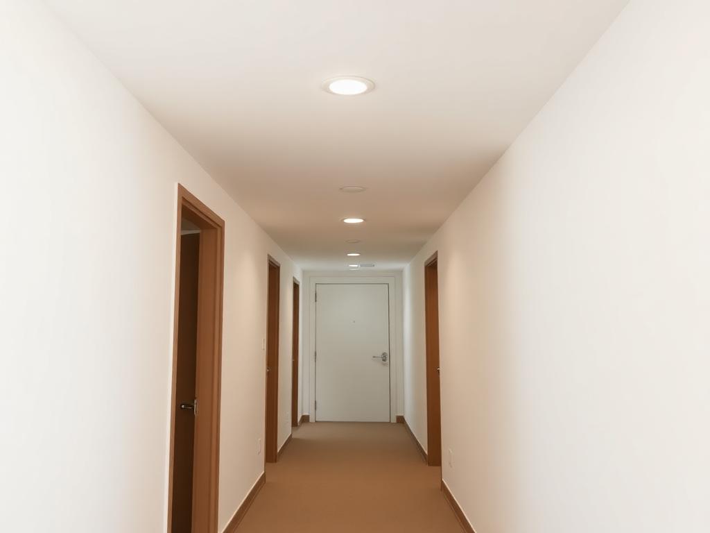 Same hallway with a clean flat white ceiling and freshly painted light walls