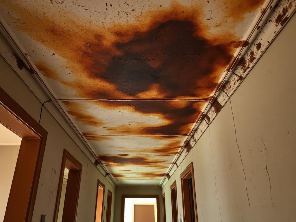 Hallway ceiling with large brown water stains and dingy walls before repair